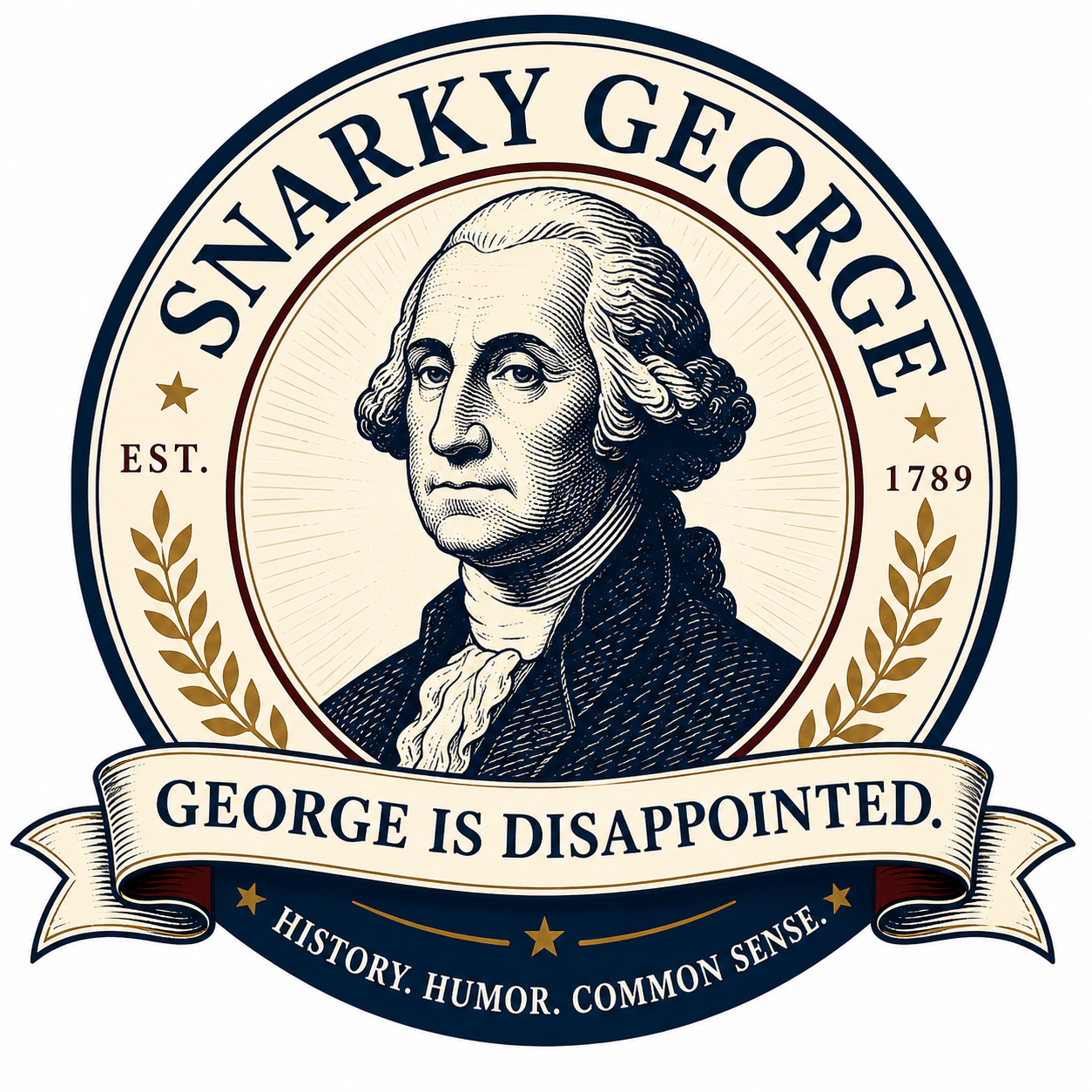 Snarky George: an engraved portrait of George Washington without sunglasses, framed by the George Is Disappointed ribbon.